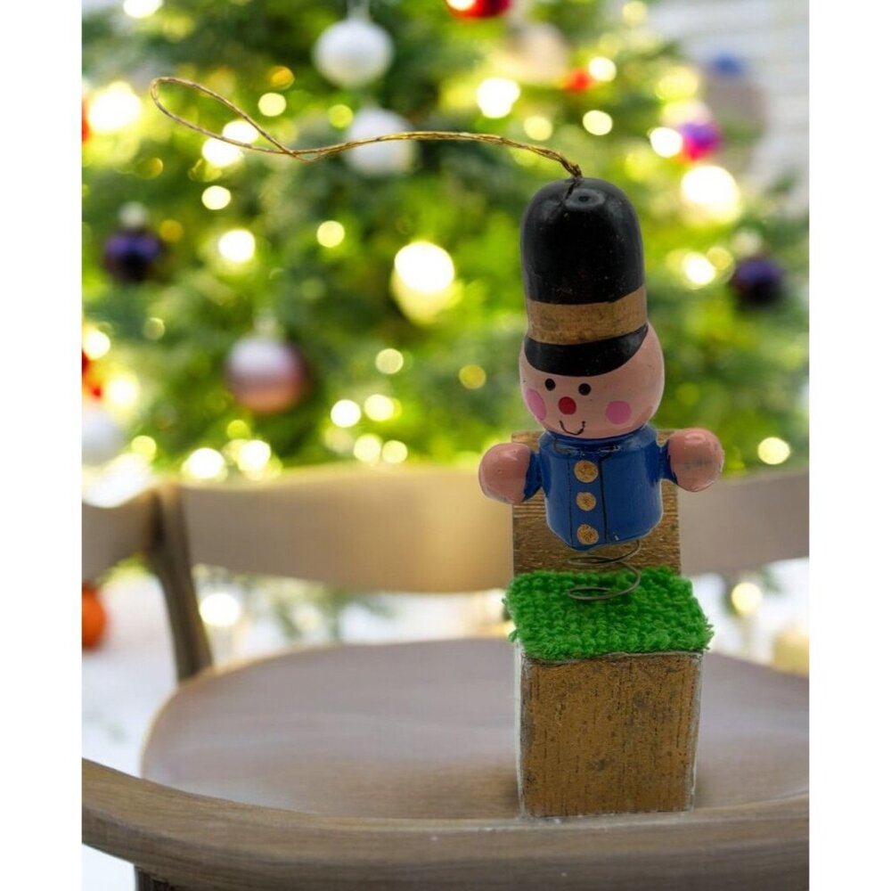 Vintage Wooden Toy Soldier Christmas Tree Ornament Jack in the Box